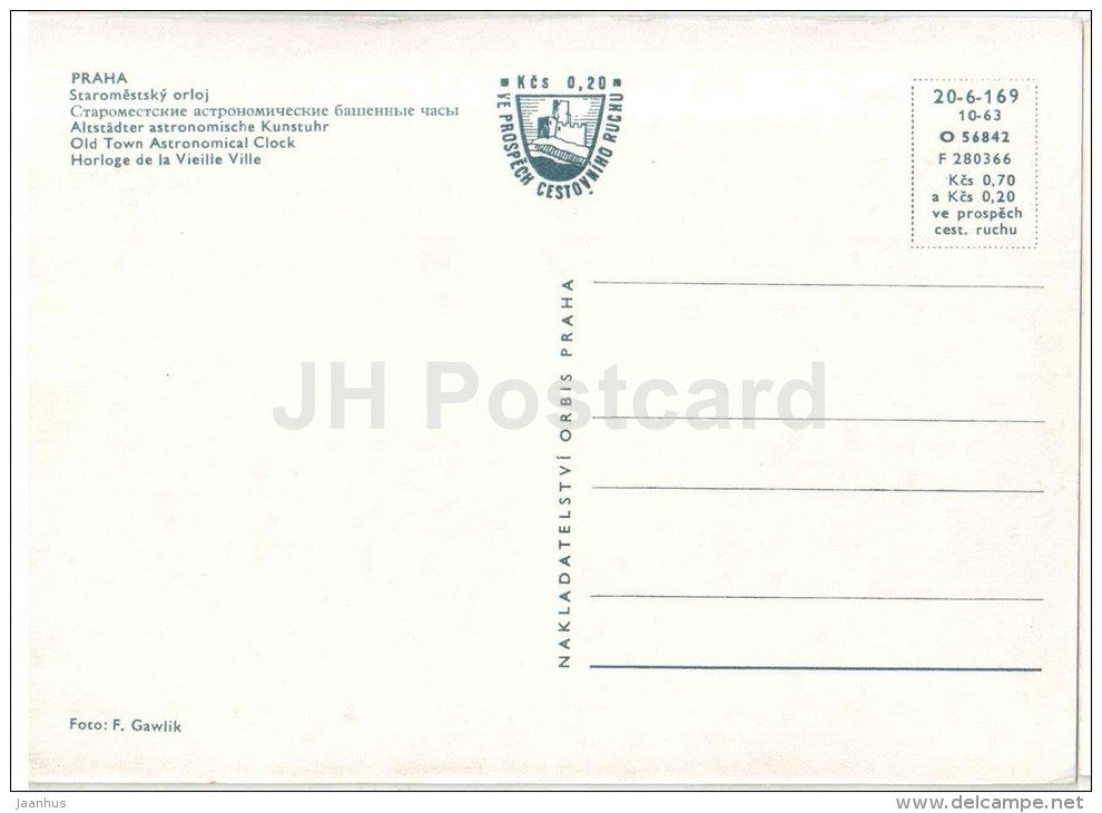Praha - Prague - Old Town Astronomical Clock - Czechoslovakia - Czech - unused - JH Postcards