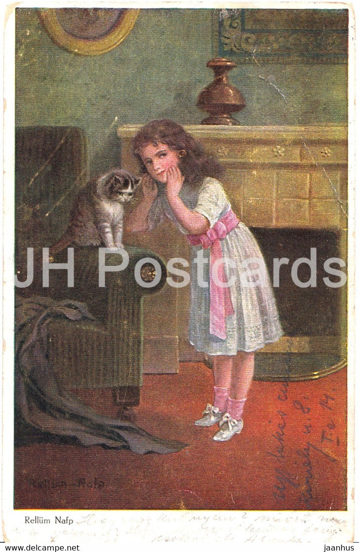 girl and cat - illustration by Rellum Nafp - T S N - old postcard - used - JH Postcards