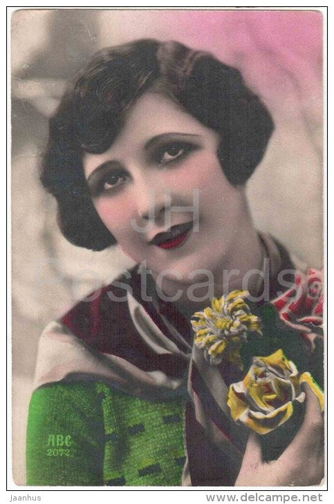 woman with flowers - ABC 2072 - old postcard - circulated in Estonia 1920s - JH Postcards