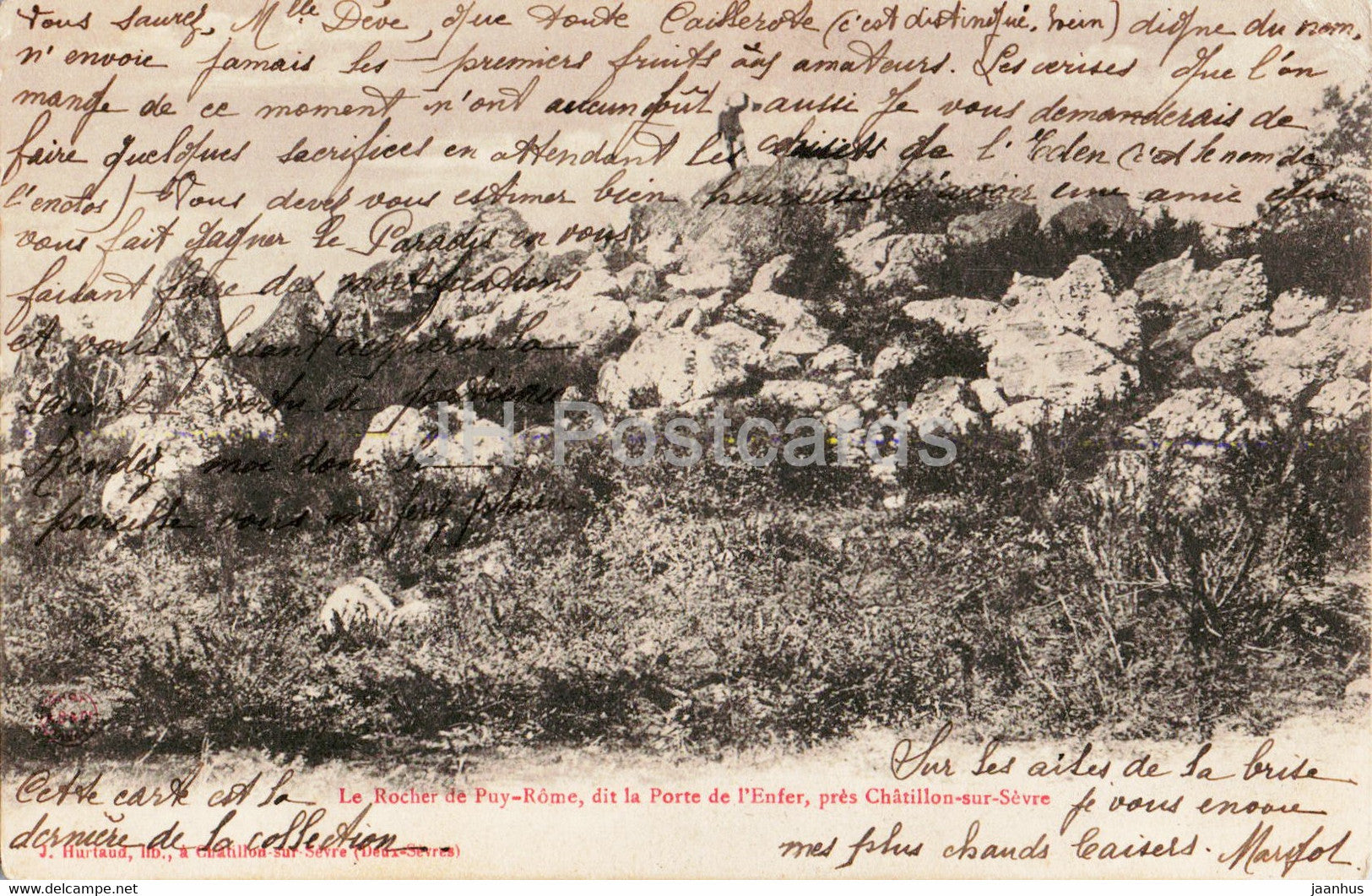 Le Rocher de Puy Rome dit la Porte de l'Enfer pres Chatillon sur Sevre - old postcard - 1903 - France - used - JH Postcards