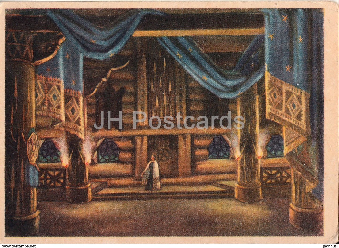 illustration by V. Haas - Kalev Farmstead - Scene from ballet of Kalevipoeg - 1948 - Estonia USSR - unused - JH Postcards