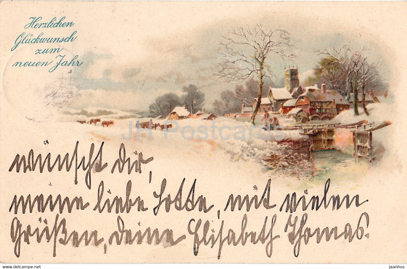 New Year Greeting Card - Herzlichen Gluckwunsch zum Neuen Jahr - winter - watermill old postcard - 1902 - Germany - used - JH Postcards
