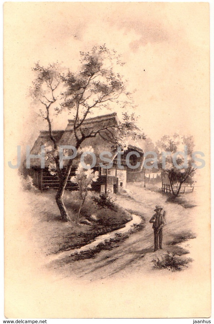 illustration - house - man - tree - old postcard - unused - JH Postcards
