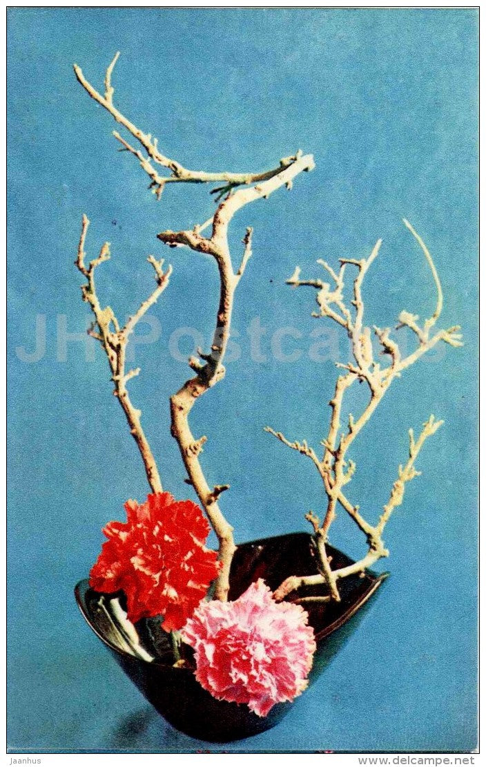 carnations - branches - ikebana - flower composition - Decorative Bouquets - 1969 - Russia USSR - unused - JH Postcards