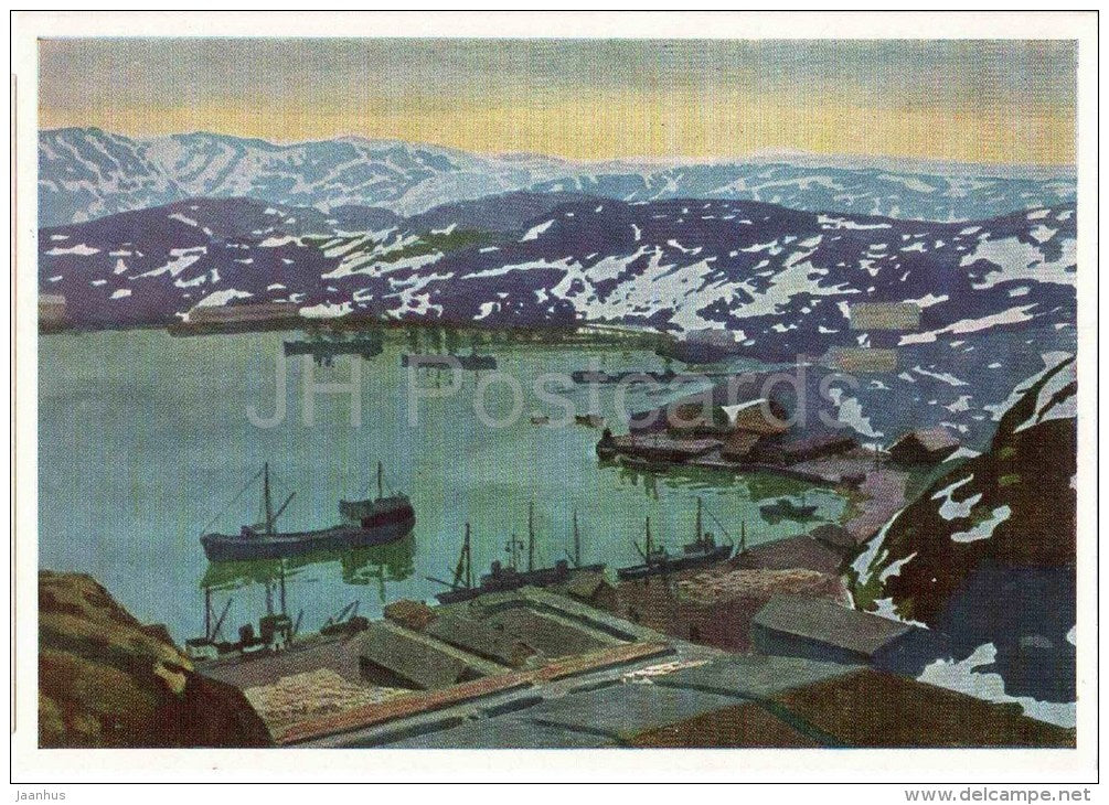 Painting by M. Mechev - 1 - Polar Harbor , 1961 - port - ship - russian art - unused - JH Postcards