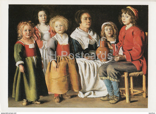 painting by The Le Nain Brothers - A Woman and Five Children - French art - Great Britain - unused - JH Postcards