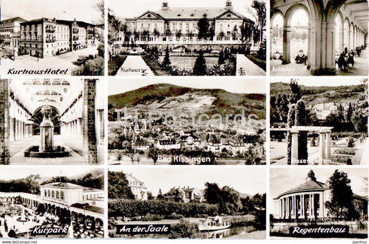 Bad Kissingen - Kurhaus Hotel - Arkaden - Wandelhalle - Rosengartern - Kurpark - old postcard - Germany - unused - JH Postcards