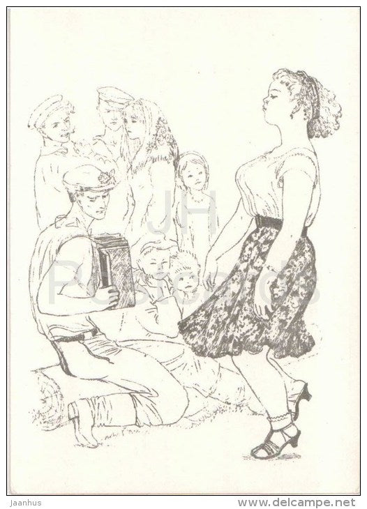 lithography by A. Yakobson - Dancing Woman , 1964 - accordion - russian art - unused - JH Postcards