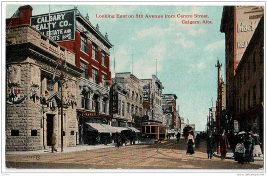 Looking East on 8th Avenue from Centre Street - tram - Calgary , Alta - Canada - old postcard - unused - JH Postcards