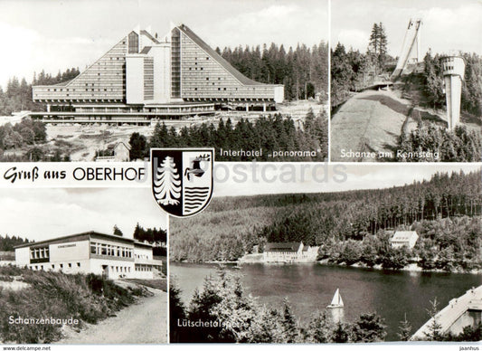 Gruss aus Oberhof - Interhotel Panorama - Schanze am Rennsteig - ski jumping hill - sport - 1978 - Germany DDR - used - JH Postcards