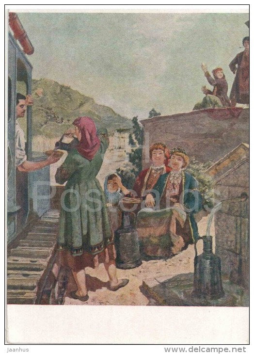 painting by V. Stepanov - Evening Sail - man and woman - sailing boat - russian art - unused - JH Postcards