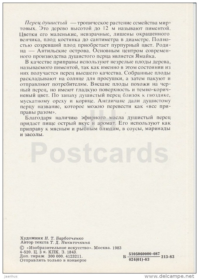 Pepper - knight - Spice Plants - 1983 - Russia USSR - unused - JH Postcards