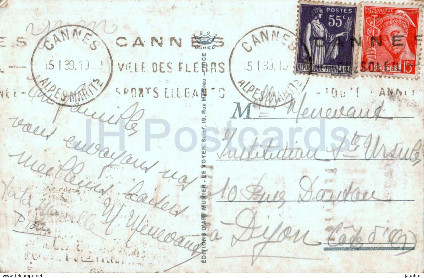 Cannes - Le Port et les Montagnes de l'Esterel - 19 - carte postale ancienne - 1939 - France - oblitéré 