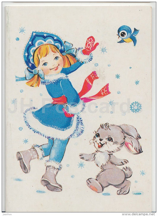 mini New Year greeting card by I. Firsanova - Snegurochka - hare - bird - 1986 - Russia USSR - unused - JH Postcards