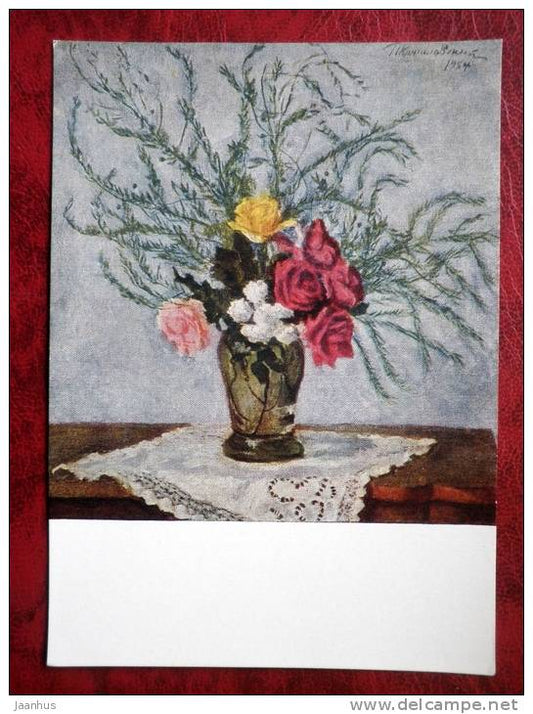 Painting by P. P. Konchalovsky - roses and asparagus , 1954 - flowers - russian art - unused - JH Postcards