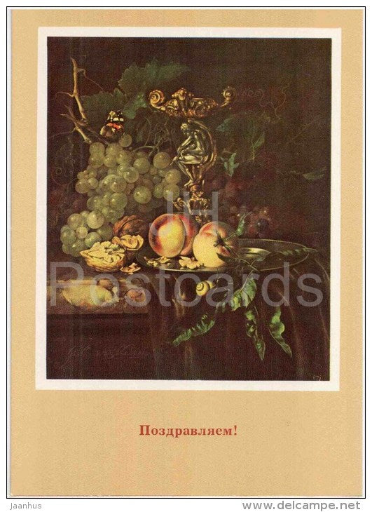 Painting by Willem van Aelst - Still Life with Fruit , 1681 - grape - peach - nut - dutch art - used - JH Postcards