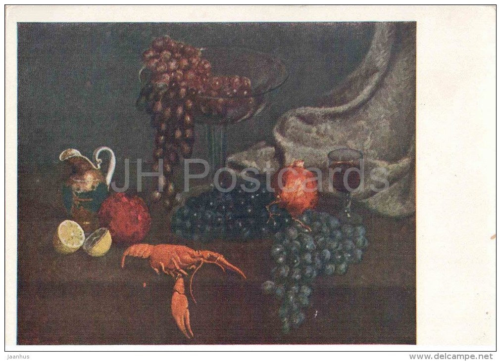 painting by I. Mashkov - Still Life - Grapes and Lobster - lemon - russian art - unused - JH Postcards