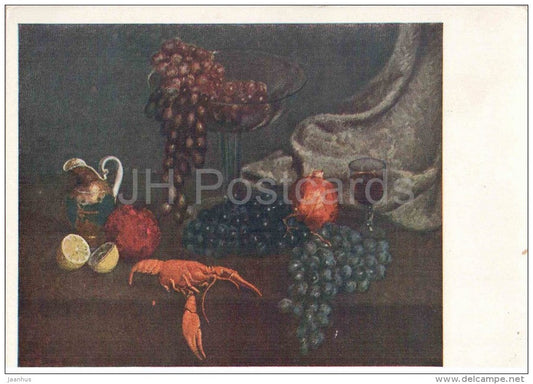 painting by I. Mashkov - Still Life - Grapes and Lobster - lemon - russian art - unused - JH Postcards