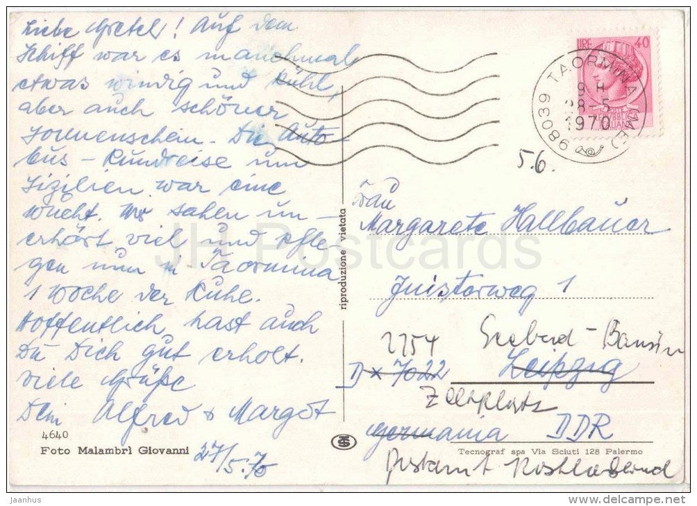 Saluti da Taormina - Taormina - Sicilia - 4640 - Italia - Italy - sent from Italy to Germany 1970 - JH Postcards