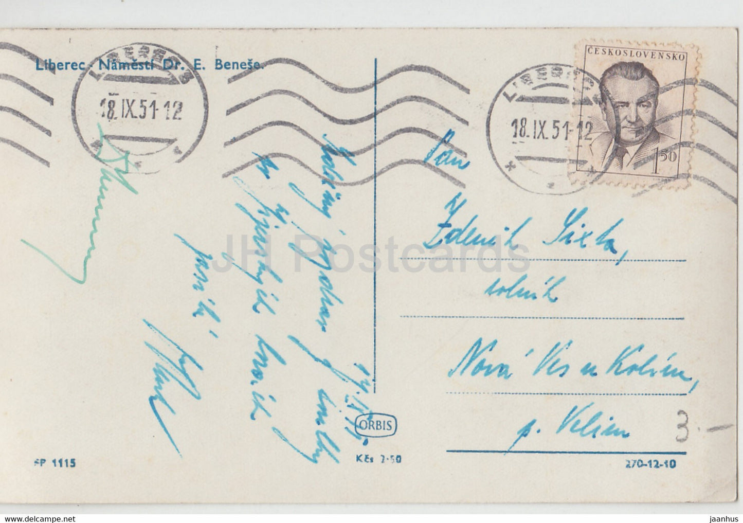 Liberec - Namesti Dr E. Benese - tram - carte postale ancienne - 1951 - Tchécoslovaquie - République tchèque - utilisé