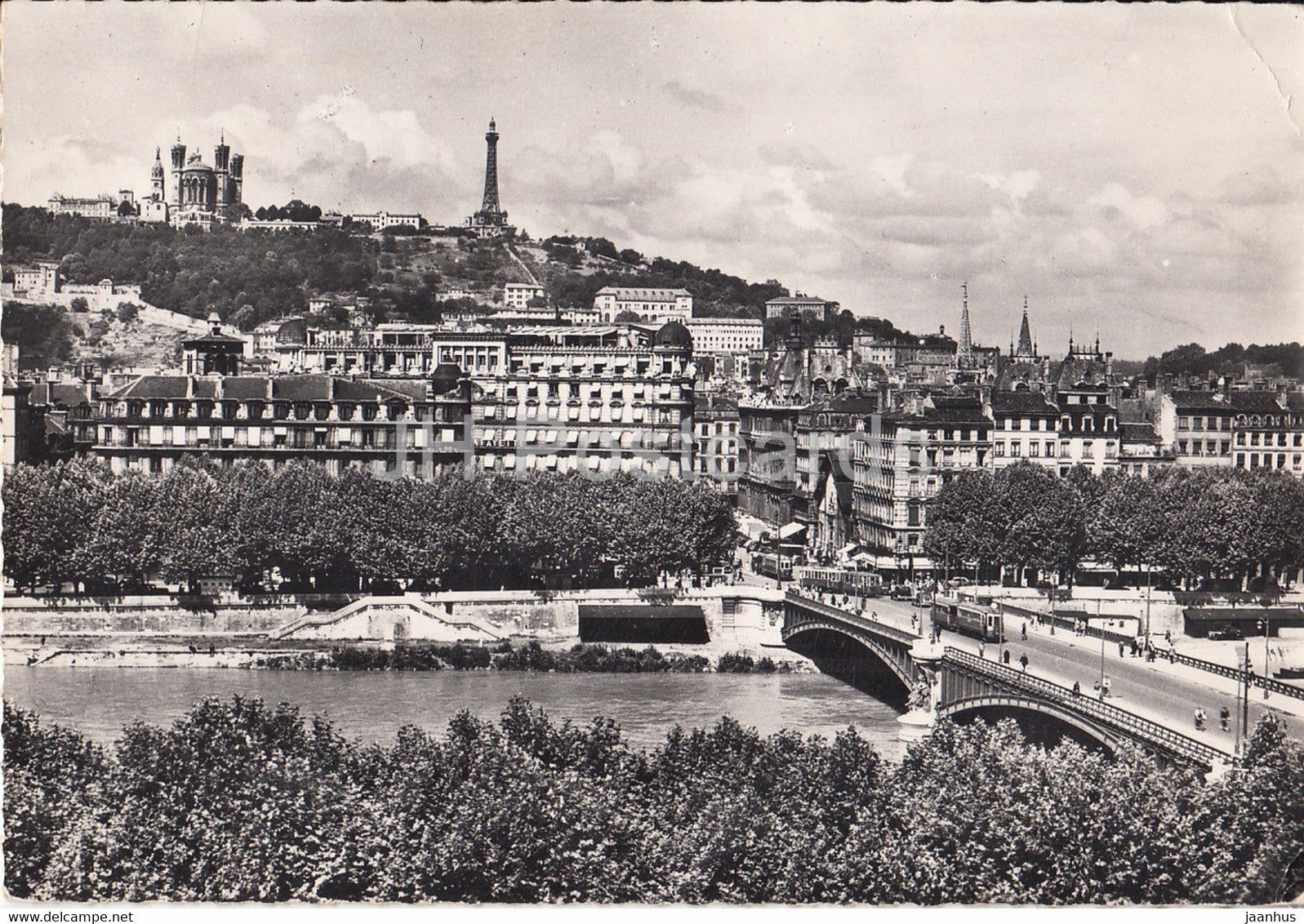 Lyon - Le Pont Lafayette sur le Rhone et la Colline de Fourviere - bridge - tram - old postcard - 1956 - France - used - JH Postcards