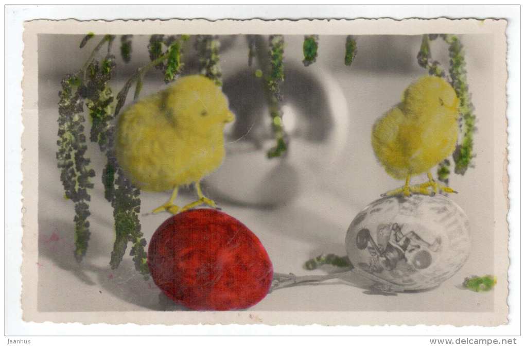 Easter Greeting Card - chicken - eggs - flowers - old postcard - circulated in Estonia 1941 Haapsalu - used - JH Postcards