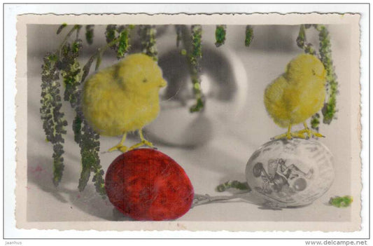 Easter Greeting Card - chicken - eggs - flowers - old postcard - circulated in Estonia 1941 Haapsalu - used - JH Postcards