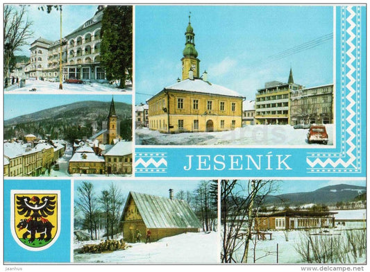 chalet - camping Bobrovnik - sanatorium - square - town hall - Jesenik - Czechoslovakia - Czech - unused - JH Postcards