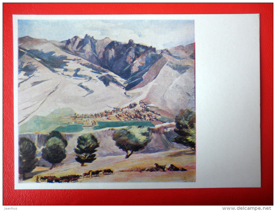painting by Martiros Saryan . Kolkhoz of the Karindzh village , 1952 - mountains - armenian art - unused - JH Postcards