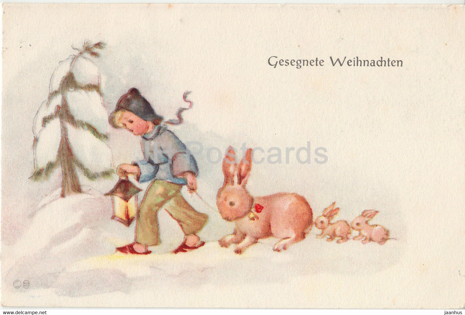 Christmas Greeting Card - Gesegnete Weihnachten - boy - rabbit - Vera Haab - old postcard - 1951 - Switzerland - used - JH Postcards