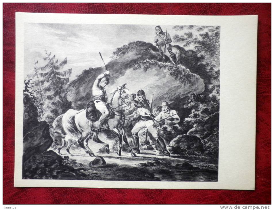 Painting by A.O. Orlowski - thieves attack - art - postcard printed in 1959 - Russia - USSR - unused - JH Postcards