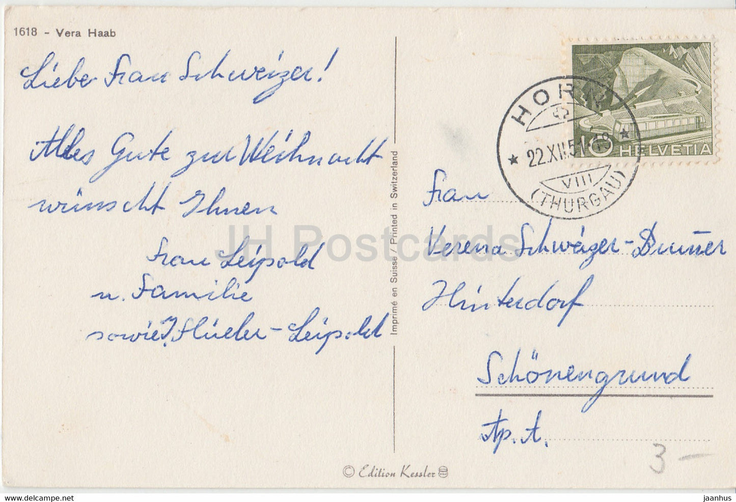 Christmas Greeting Card - Gesegnete Weihnachten - boy - rabbit - Vera Haab - old postcard - 1951 - Switzerland - used