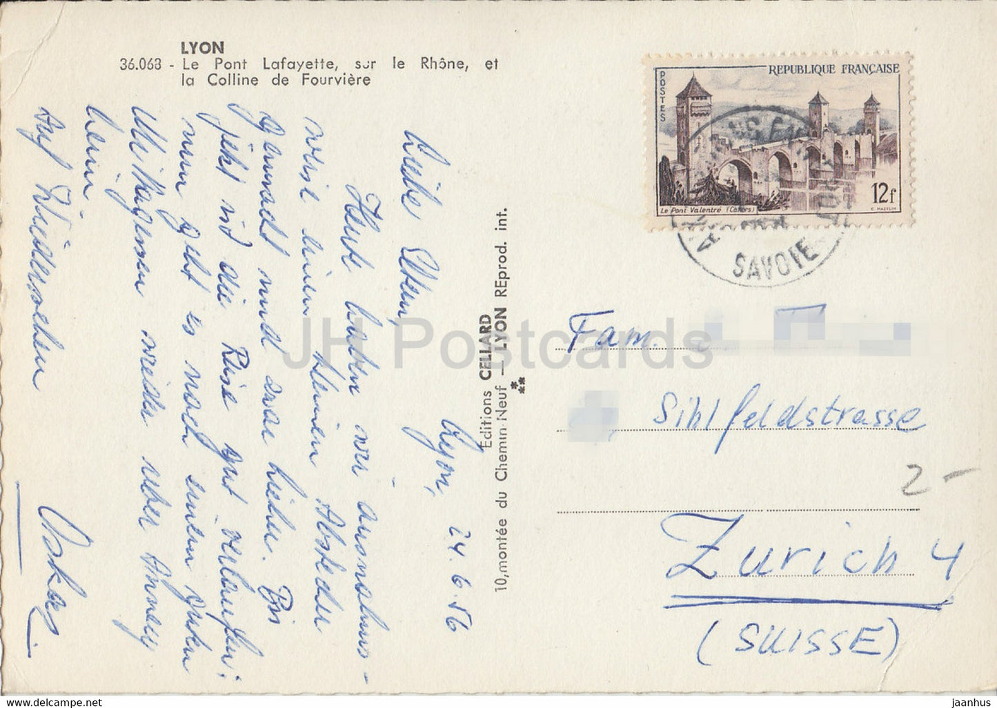 Lyon - Le Pont Lafayette sur le Rhône et la Colline de Fourvière - pont - tramway - carte postale ancienne - 1956 - France - occasion