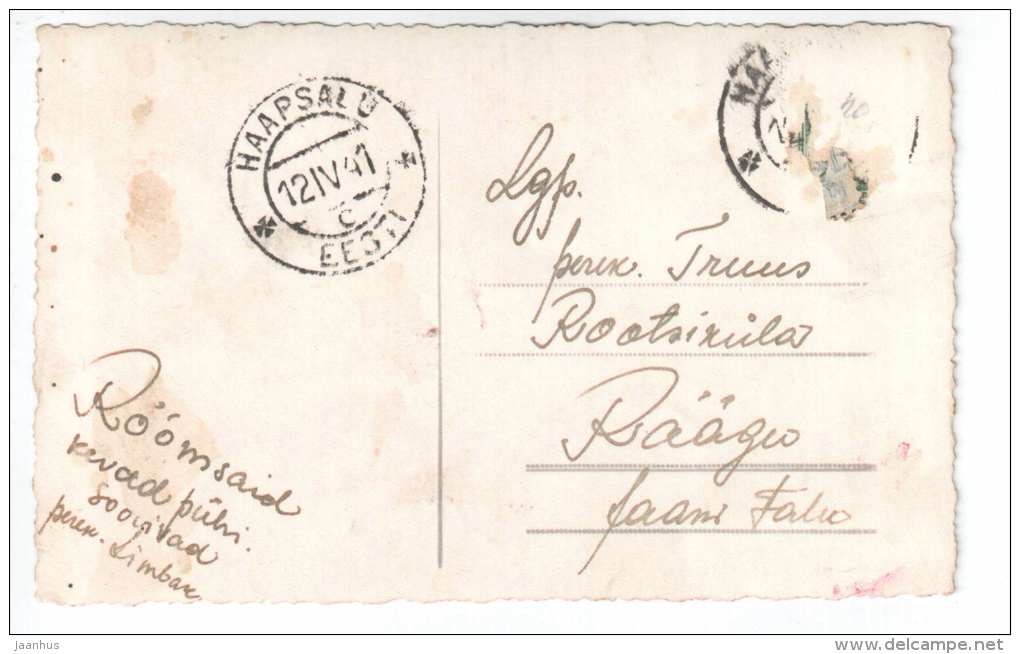 Easter Greeting Card - chicken - eggs - flowers - old postcard - circulated in Estonia 1941 Haapsalu - used - JH Postcards