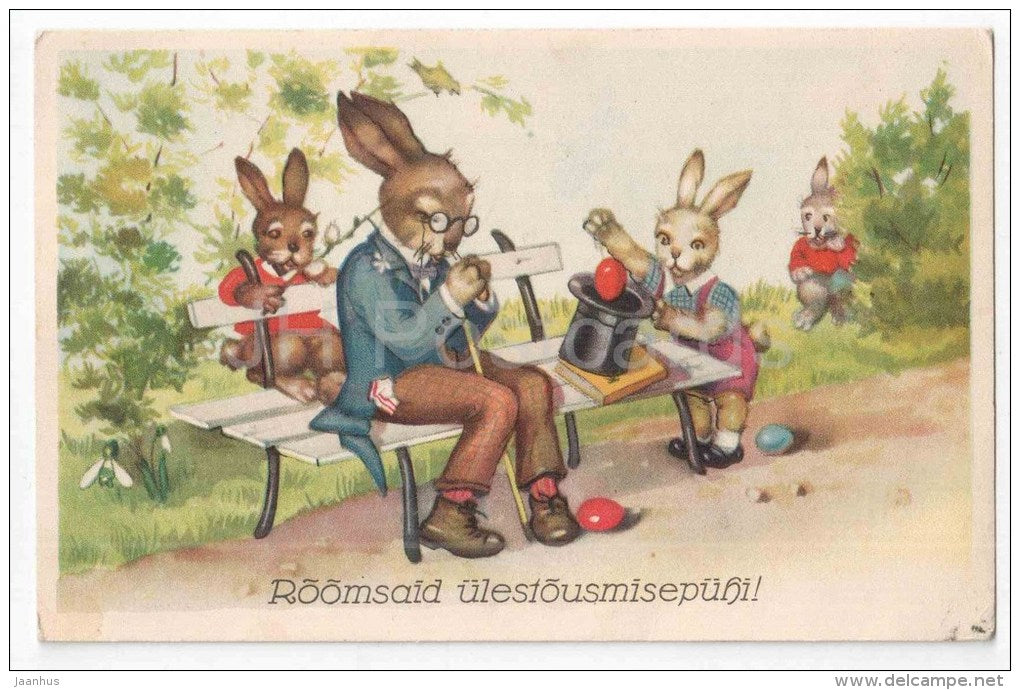 Easter Greeting Card - hare - rabbit - family - eggs - hat - IL - circulated in Estonia USSR Tartu Nõmme 1947 - JH Postcards