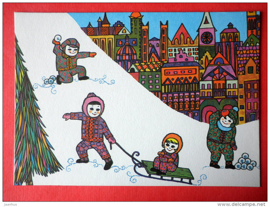 New Year Greeting Card - Sledding by D. Vallejo - sleigh - children - city - United Kingdom - unused - JH Postcards