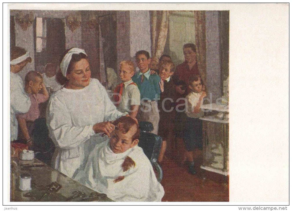 painting by M. Suzdaltsev - School tomorrow - children - hairdresser - russian art - unused - JH Postcards