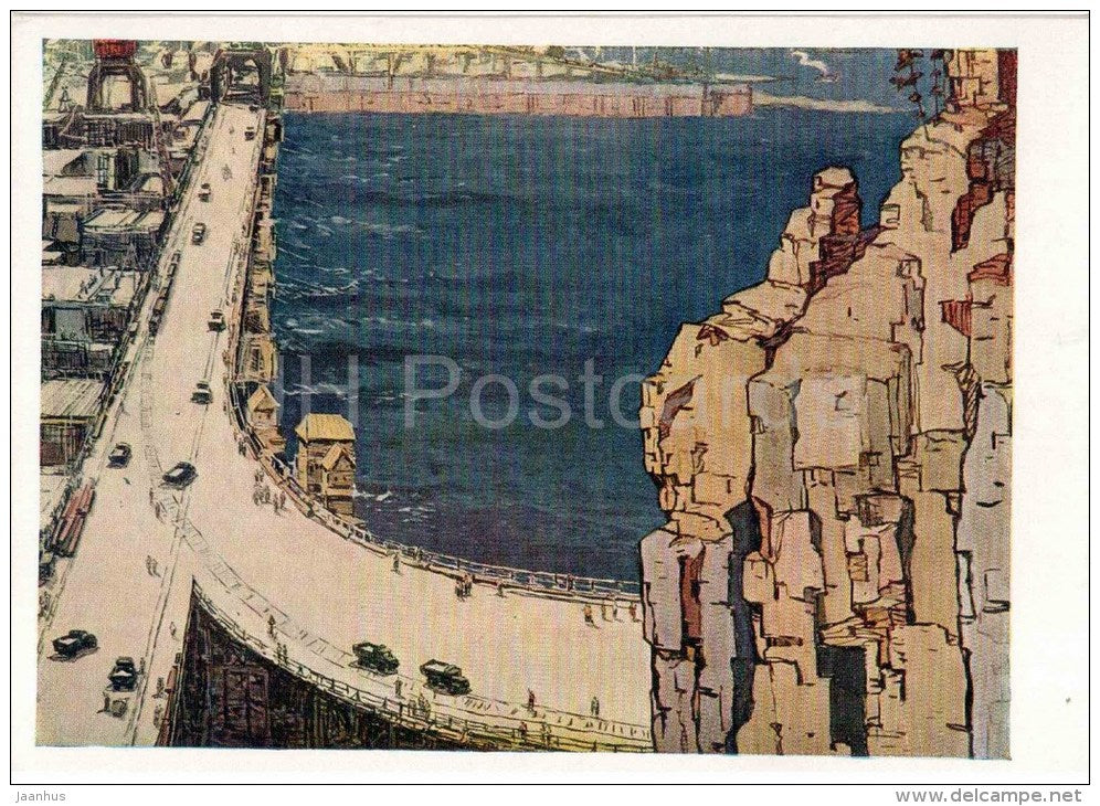 Painting by S. A. Kupriyanov - 1 - building of Hydroelectric Power Station , 1959 - russian art - unused - JH Postcards