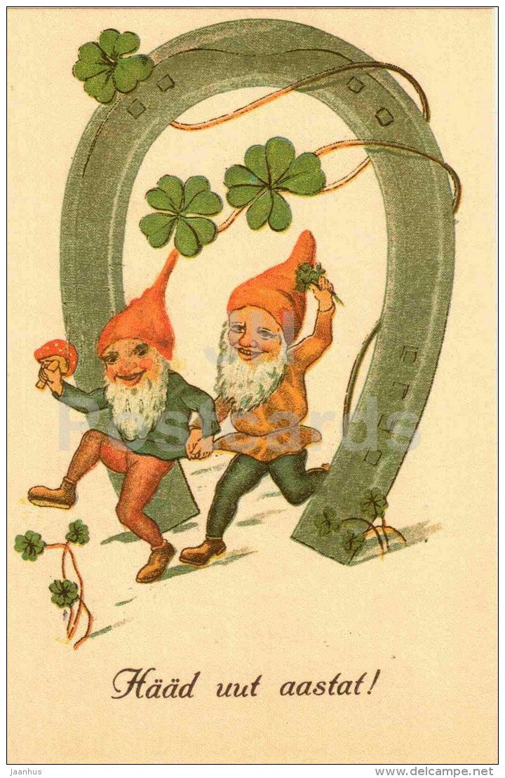New Year Greeting Card - horseshoe - elves - REPRODUCTION ! - 1988 - Estonia USSR - unused - JH Postcards