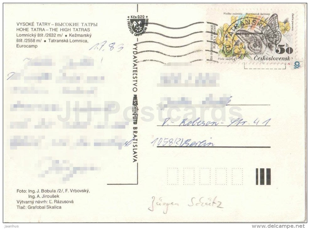 Lomnicky peak - Kezmarsky peak - Tatranska Lomnica - Vysoke Tatry - High Tatras - Czechoslovakia - Slovakia - used 1983 - JH Postcards