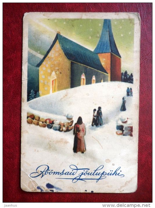 Christmas Greeting Card - winter - church - 1920s-1930s - Estonia - used - JH Postcards