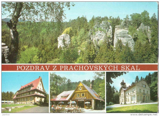 Prachovske skaly - rocks -hotel Skalni Mesto - hotel Pod Sikmou - Czechoslovakia - Czech - used 1984 - JH Postcards