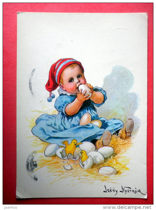 Easter Greeting Card by Jenny Nyström - baby girl - chick - eggs - 3254/4 - Finland - sent from Finland to Estonia 1984 - JH Postcards