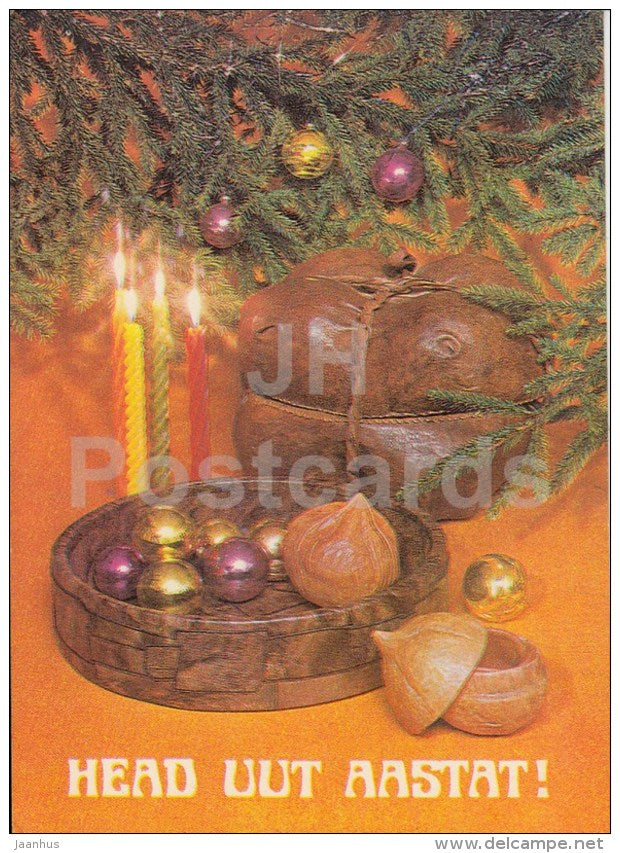 New Year Greeting card - 1 - decorations - candles - 1981 - Estonia USSR - used - JH Postcards