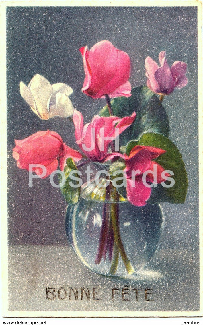 flowers - lilac - Bonne Fete - Photochromie 4098 - old postcard - Germany - used - JH Postcards