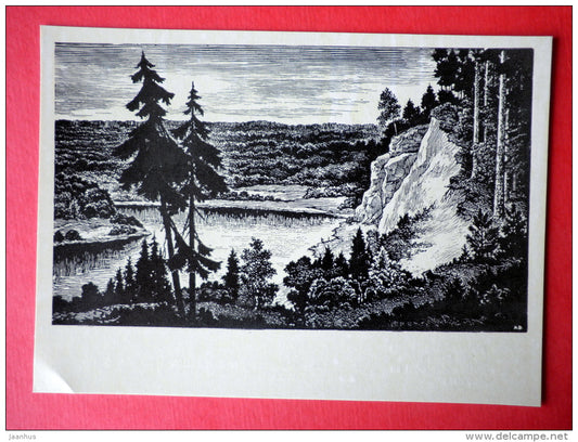 engraving by Arturs Duburs - The Gauja Cove near the Erglu Rocks - latvian art - unused - JH Postcards