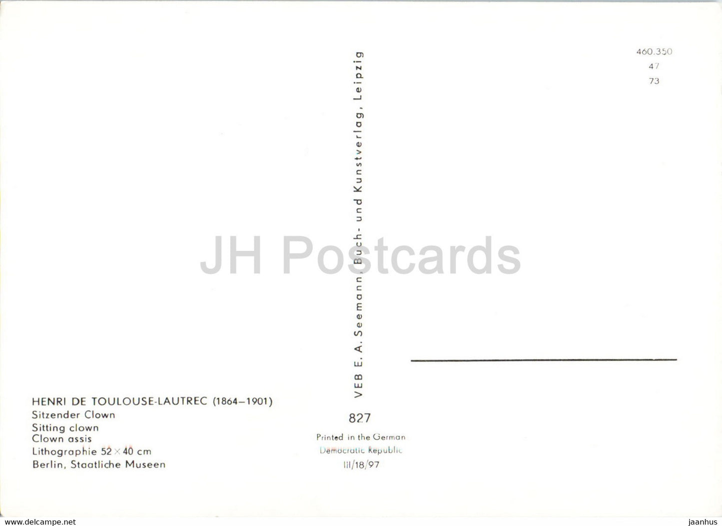 painting by Henri de Toulouse-Lautrec - Sitzender Clown - Sitting Clown - circus - French art - Germany DDR - unused