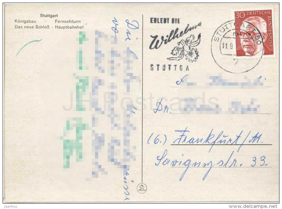 Gruss aus Stuttgart - Königsbau - Fernsehturm - Das neue Schloss - Hauptbahnhof - Germany - 1973 gelaufen - JH Postcards