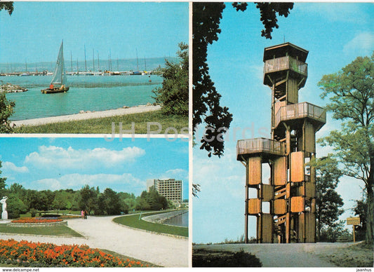Greetings from lake Balaton - sailing boat - tower - view - multiview - 1984 - Hungary - used - JH Postcards