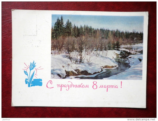 8 March Greeting Card - winter river - flowers - 1965 - Russia USSR - used - JH Postcards